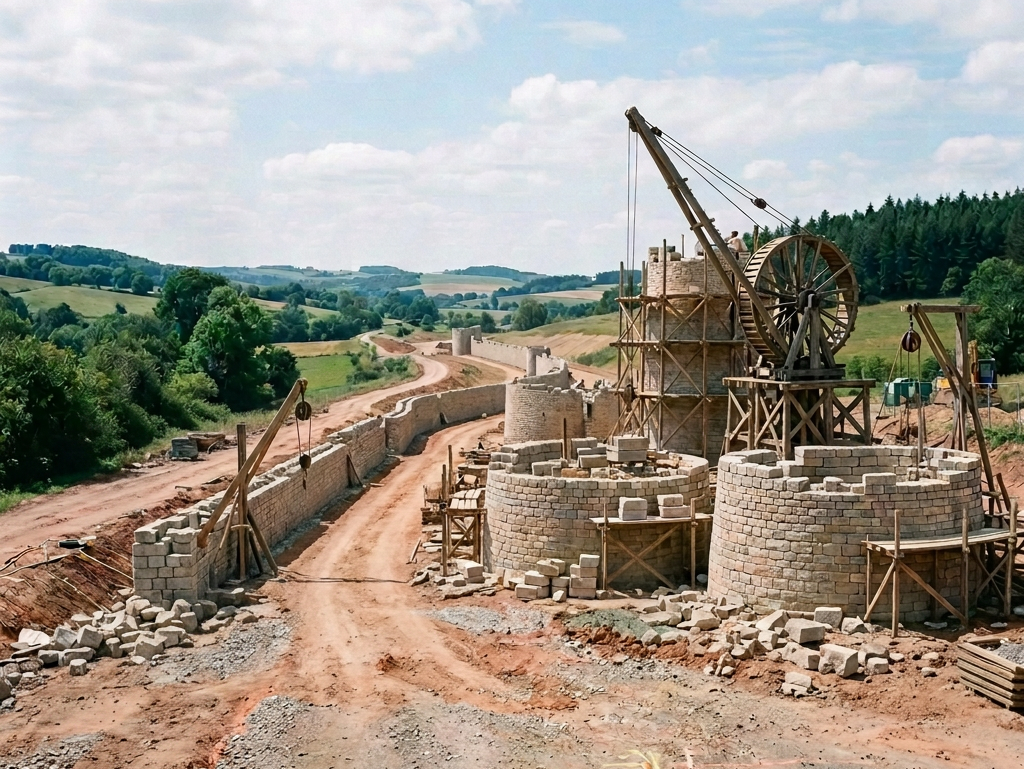 Road construction site with workers, machinery, and French warning signs